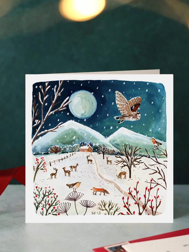 Deers Fox and Owl Scene Blank Christmas Card