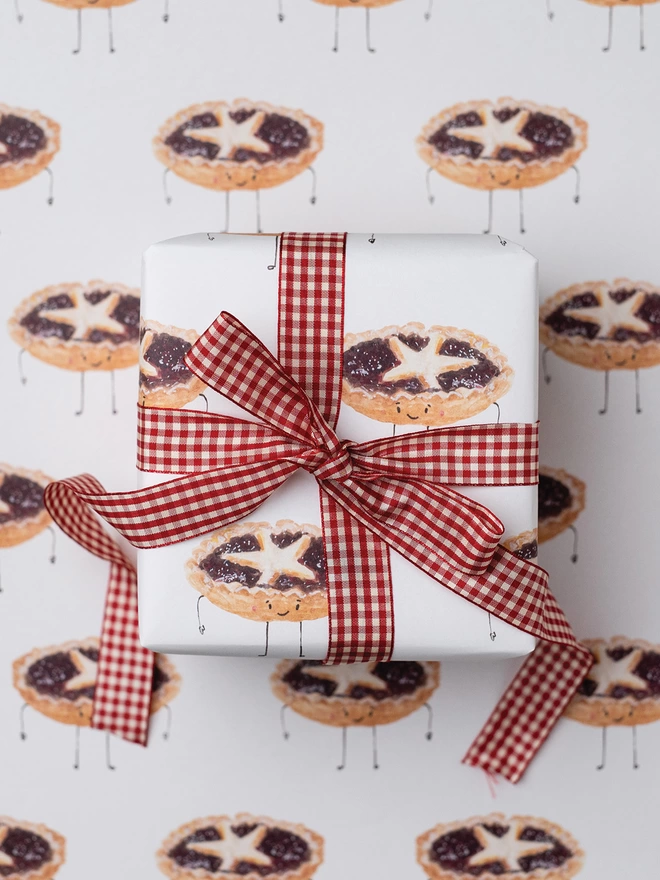 Mince Pie Gift Wrapped Parcel wrapped with a beautiful Red Gingham Bow