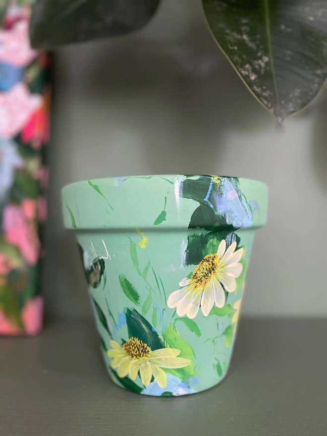 Hand painted Aqua green pot with yellow echinacea flowers