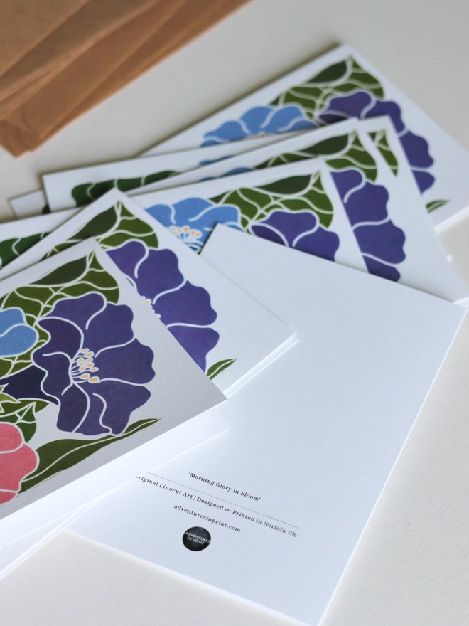 Norfolk studio printed morning glory cards with biodegradable packaging and recycled kraft envelopes included