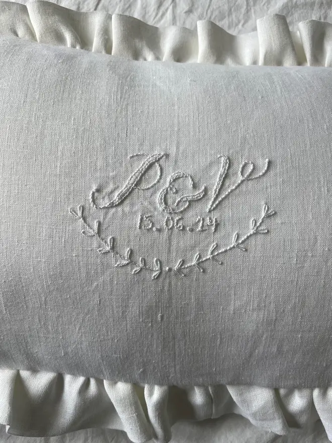 Personalised Handmade Embroidered Linen Cushion With Ruffle, white cushion with a personalised message. 