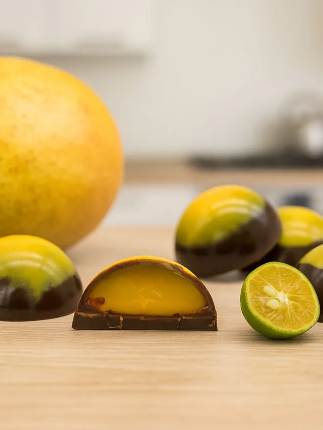 Some luxury dark chocolates in a kitchen with mango and calamansi