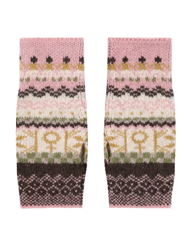 fairisle wrist warmers in calamine with cocoa and mushroom details