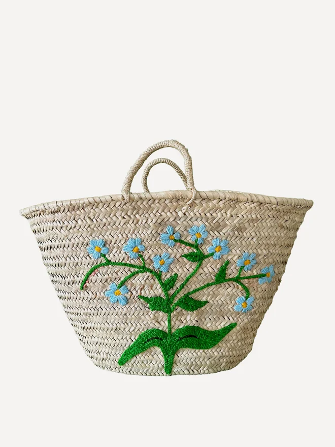 'Forget-Me-Not' Hand Embroidered Market Basket 
