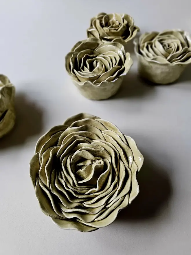 handmade olive green ceramic rose flower wall hanging decor sculpture art pottery glazed gift for her forever everlasting rose
