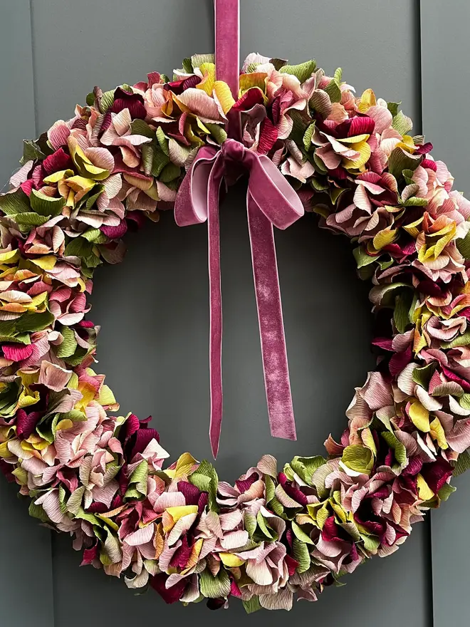 Green, Plum & Pink Crepe Paper Christmas Wreath