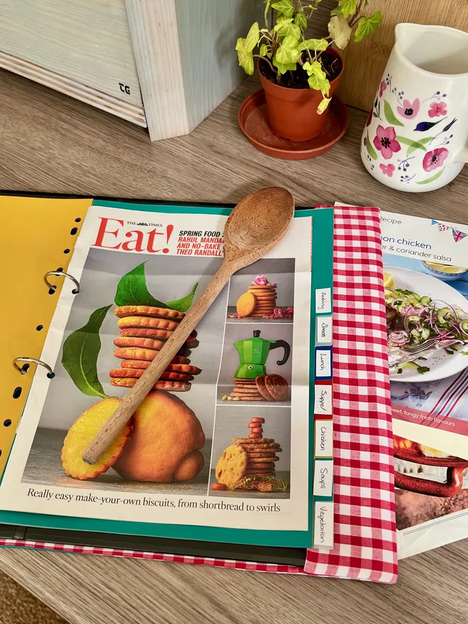 Gingham ring binder open on kitchen bench showing categories on bright divider tabs.