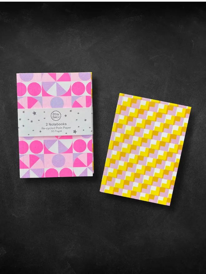 A6 Pocket Notebooks Plain Recycled Paper with risograph flouro poink and yellow printed covers