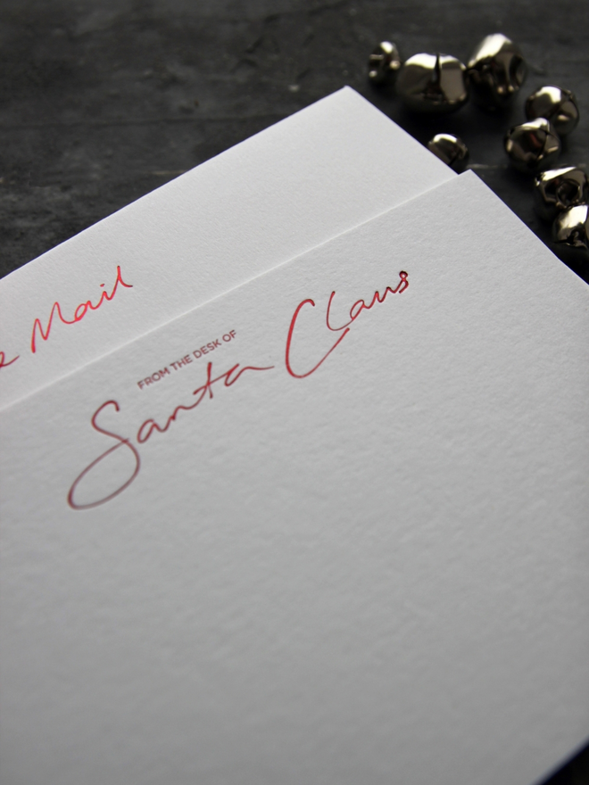 From The Desk Of Santa Claus notecards hand foiled in red text with an envelope that says North Pole Mail