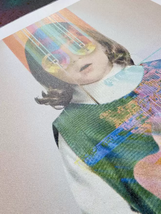 Collage artwork "Through Their Eyes" Hand Pulled Screenprint depicting a young child staring forward intwined in flowers with a glitch look to her 