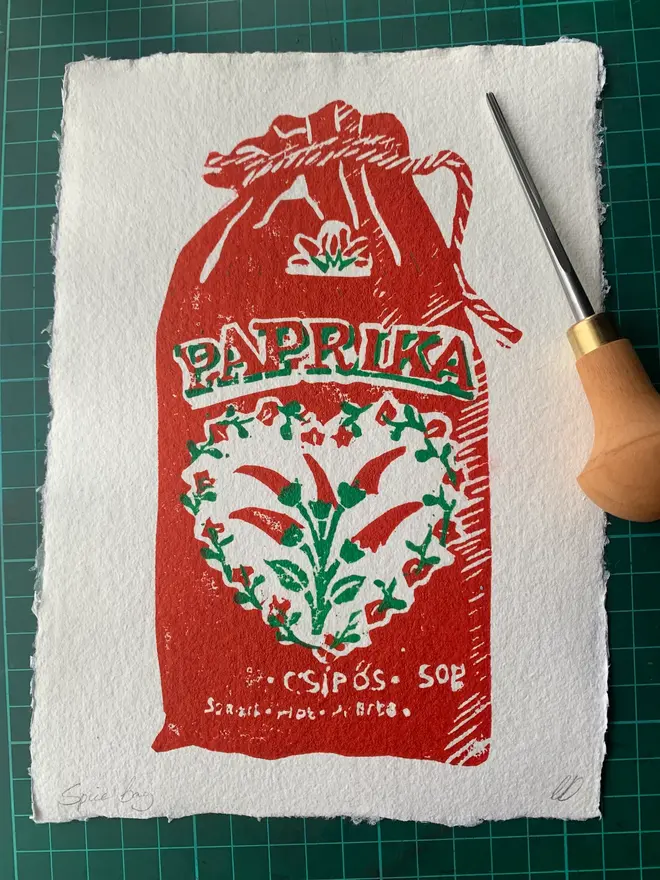 Lino Print Paprika Spice Bag On Handmade Paper
