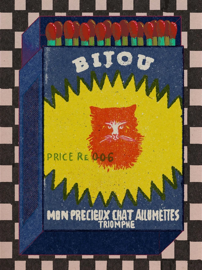 'Bijou' Cat Matchbox Print Design, an illustrated vintage-style matchbox labeled “BIJOU.” The box is dark blue with a jagged yellow burst shape in the center, featuring a bright red cat’s face. Text on the burst reads “PRICE Re. 0.06.” Along the bottom, white lettering says “MON PRECIEUX CHAT ALLUMETTES TRIOMPHE.” The top of the matchbox shows red-tipped matches with green stems. The background is a checkered pattern in black and white.