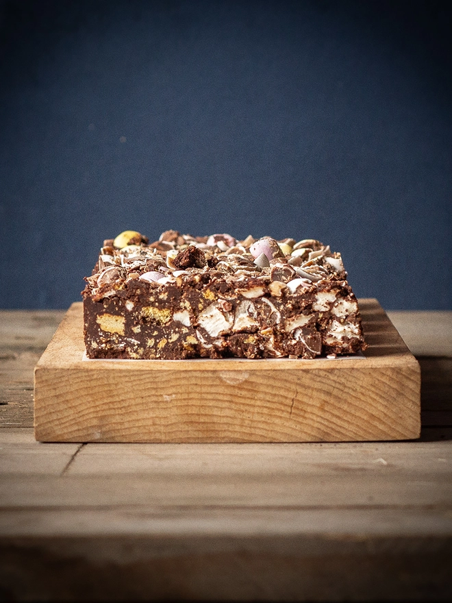 Rocky Road covered in bright coloured Mini Eggs