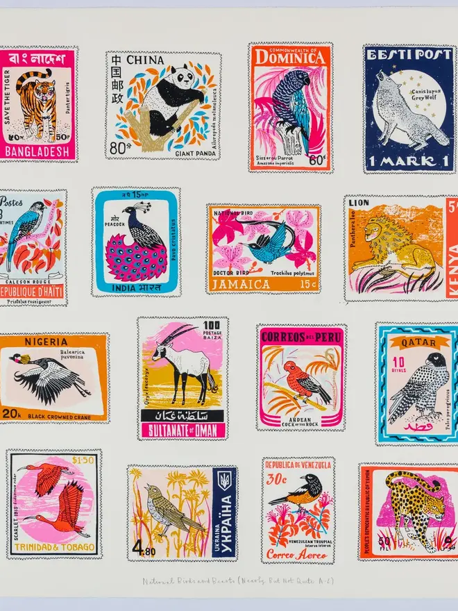 Stamp Collection Screenprint National Birds And Beasts, a colourful collection of animal and bird designs on a screenprint. 