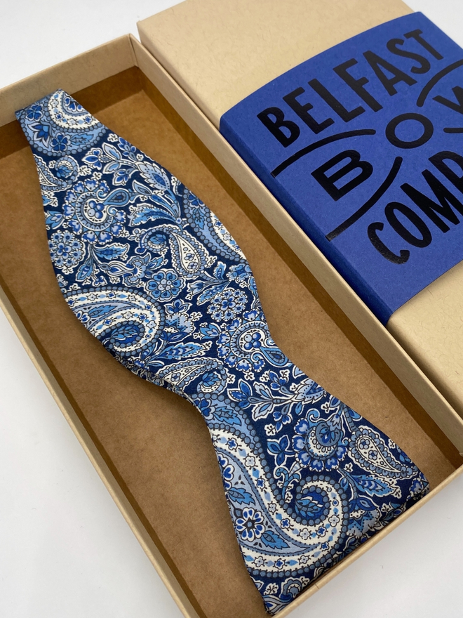 Navy Paisley Self-Tie handmade by the Belfast Bow Company