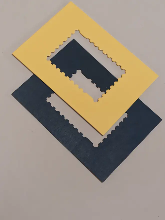 indigo blue and citrine yellow coloured stamp-shaped mounts