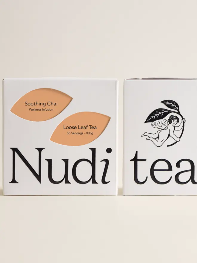 white box of chai tea with orange leaf design