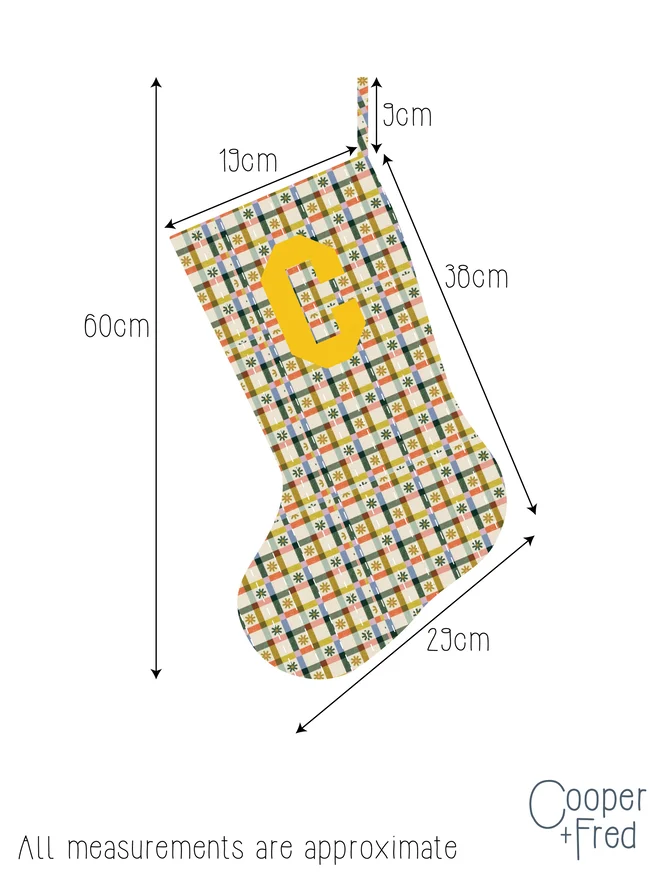 Cooper and Fred Personalised Christmas Quilted Stocking in Gingham Rainbow Star Print with measurements