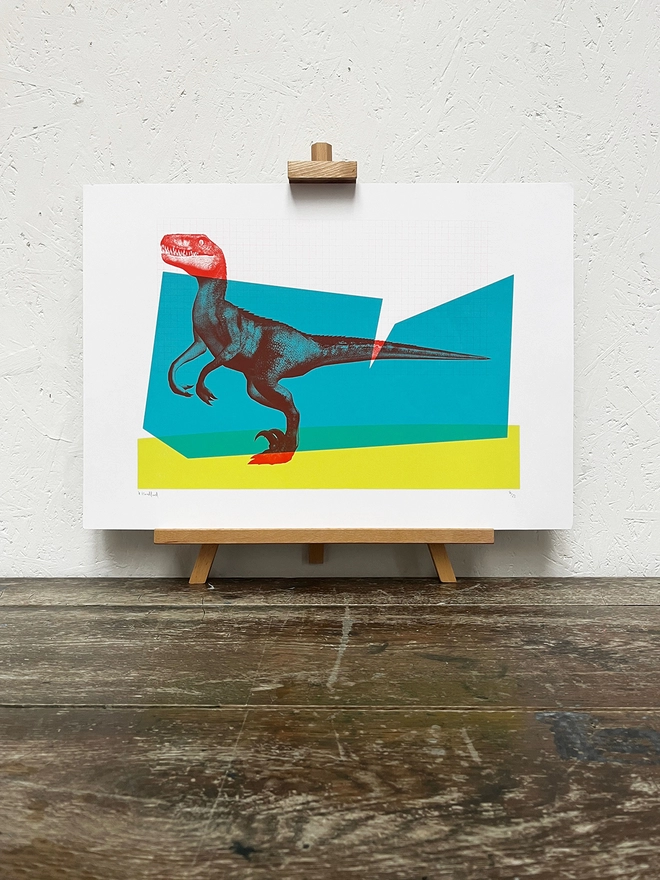 Big Red Raptor - Screen Printed Dinosaur Poster - on an easel