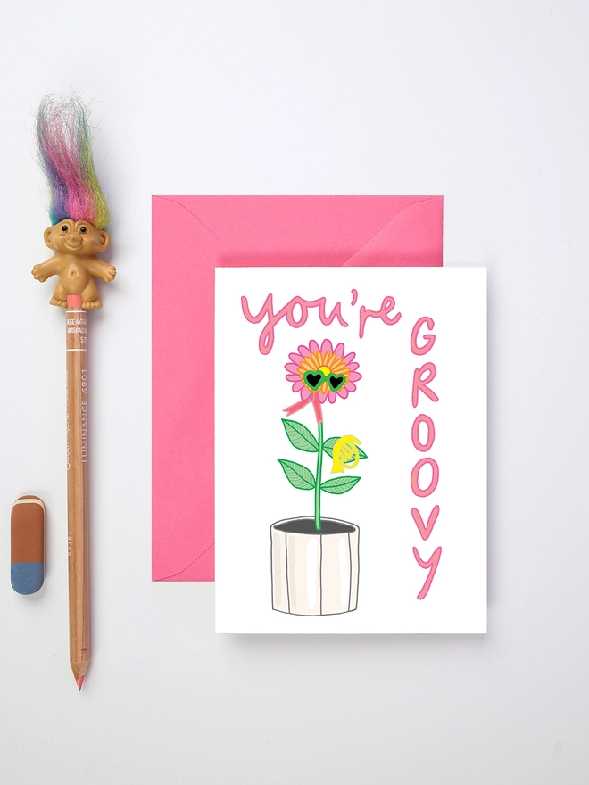 Quirky Love Card Featuring a Groovy Vintage Flower Toy