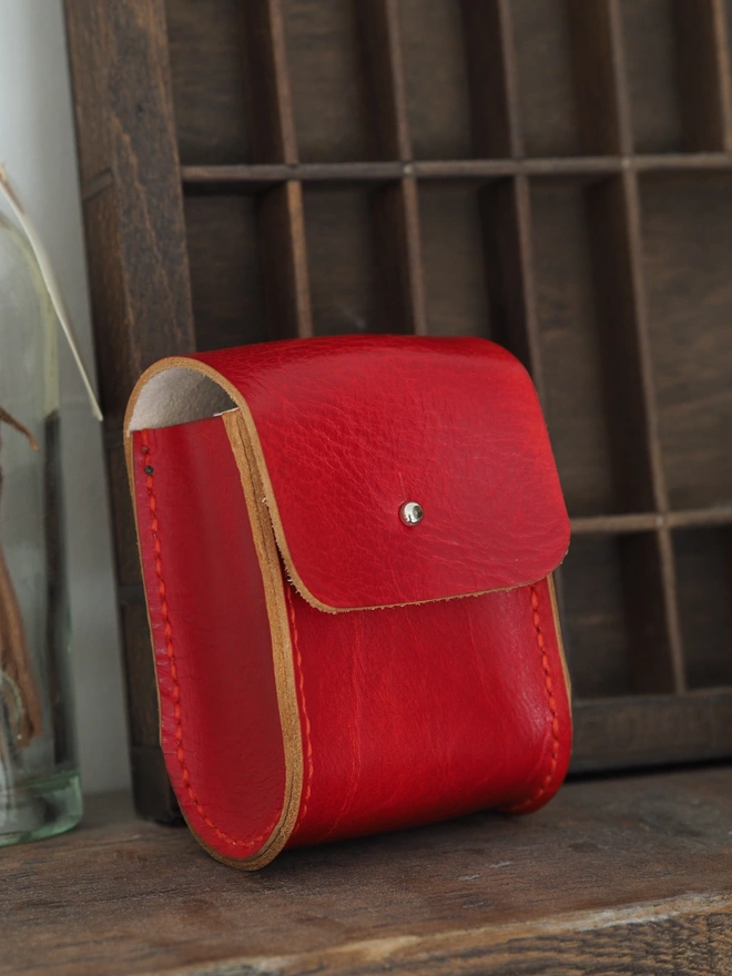 Handmade Leather Double Deck Playing Card Holder. Hand dyed red leather pouch carrying two brand new packs of playing cards.