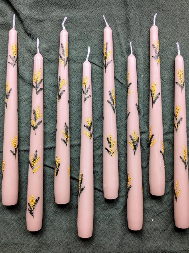 Oat Taper Candles With Mimosa Blossom Design