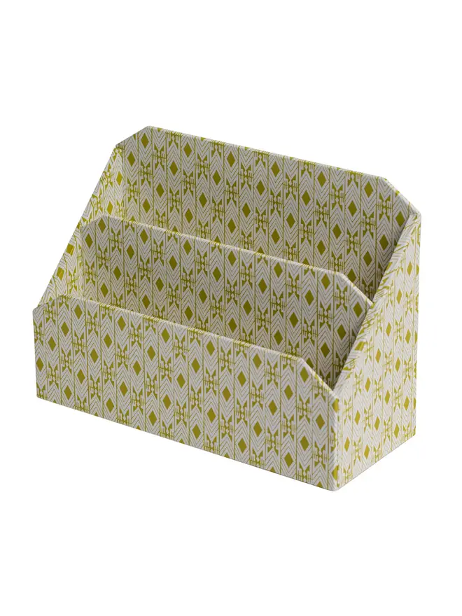 Tijan Letter Rack, a colourful patterned letter rack sitting on a white surface against a plain backdrop. 