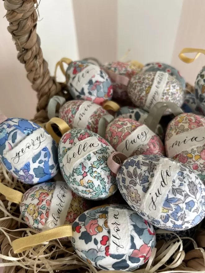 Personalised Liberty fabric decorative eggs in Easter basket