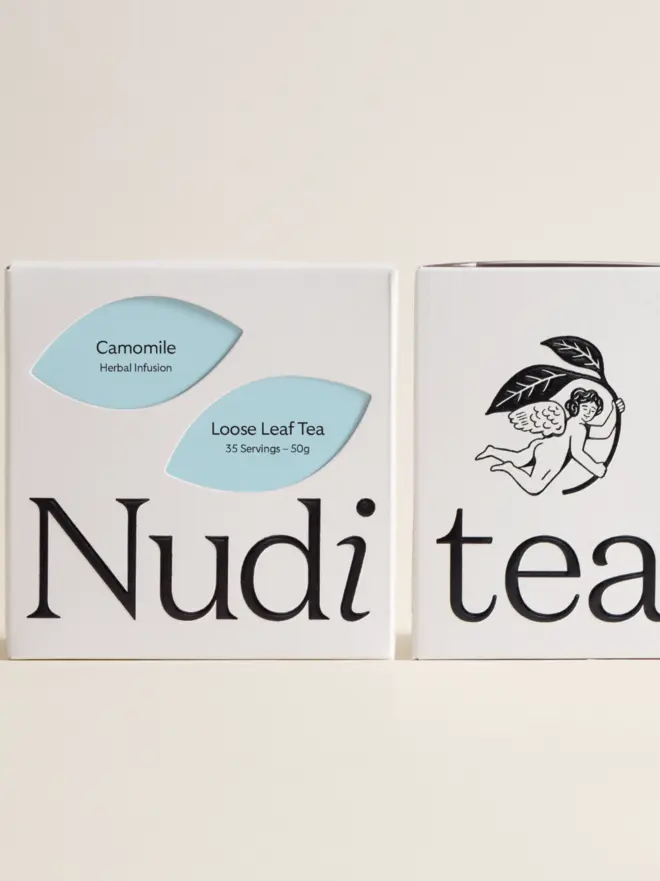 white box of camomile tea with pale blue design