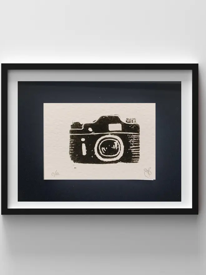 camera mini linocut print framed susan bradley