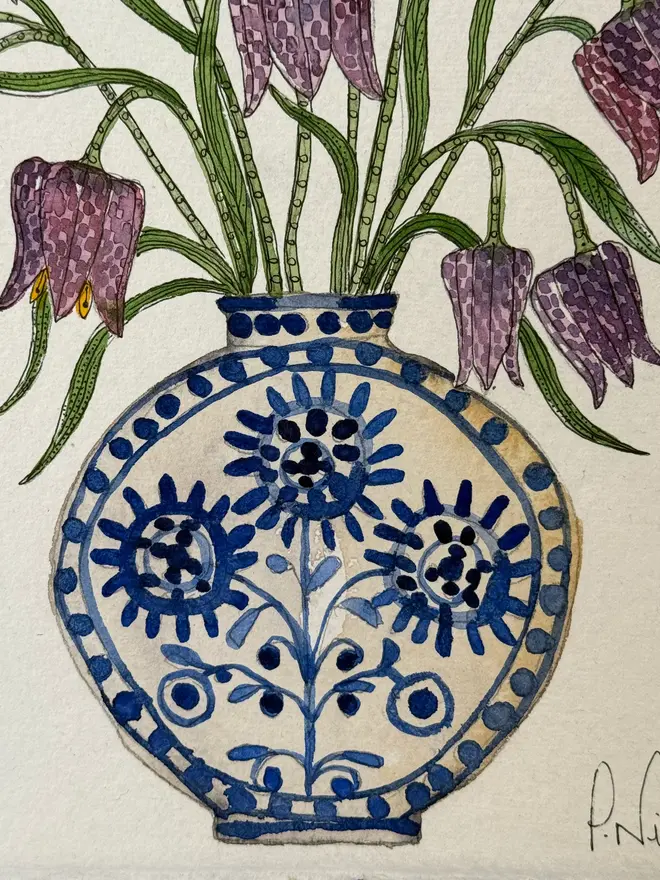 'Fritillary Flowers In Vase' Original Watercolour Painting