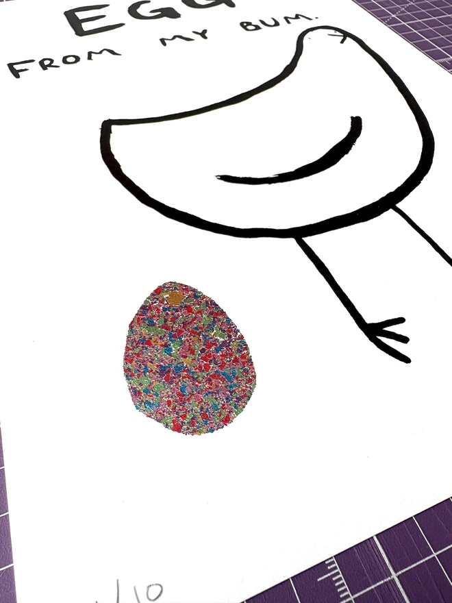 'Egg From My Bum' Print with rainbow egg