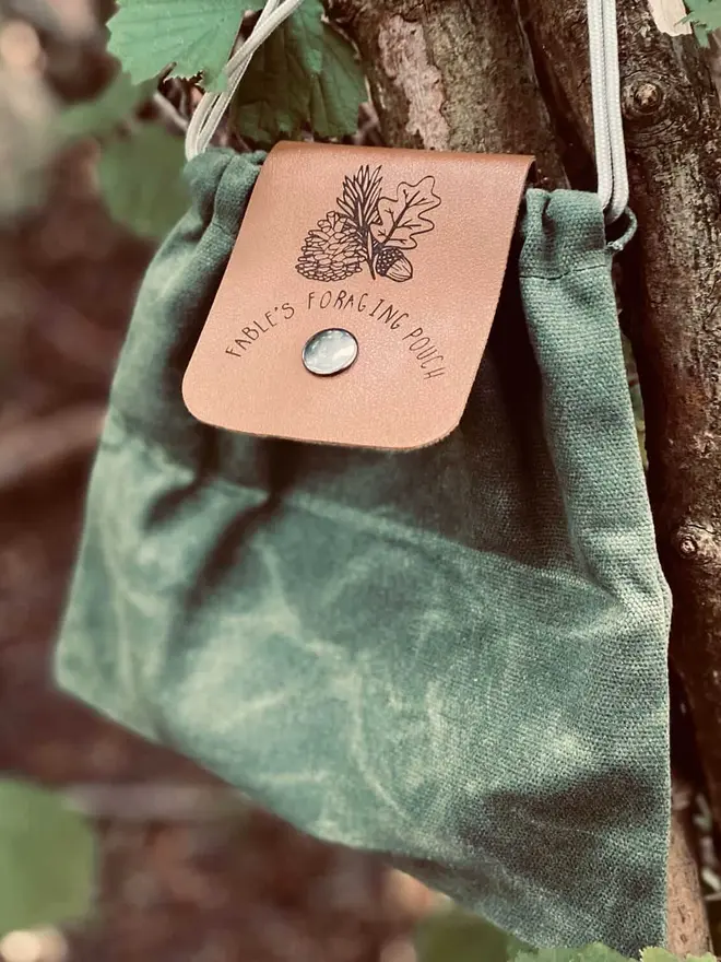 Personalised Foraging Drawstring Canvas Pouch, a green canvas pouch with a leather flap that reads "Felix's Foraging Pouch" and features drawings of a mushroom and fern hanging on a tree.