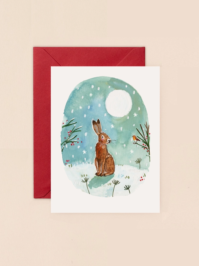 Hare and Robin in Moonlight Mini Christmas Card
