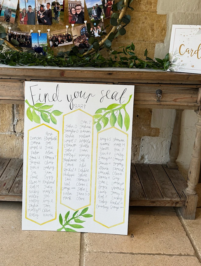 Bespoke wedding table plan sign on easel