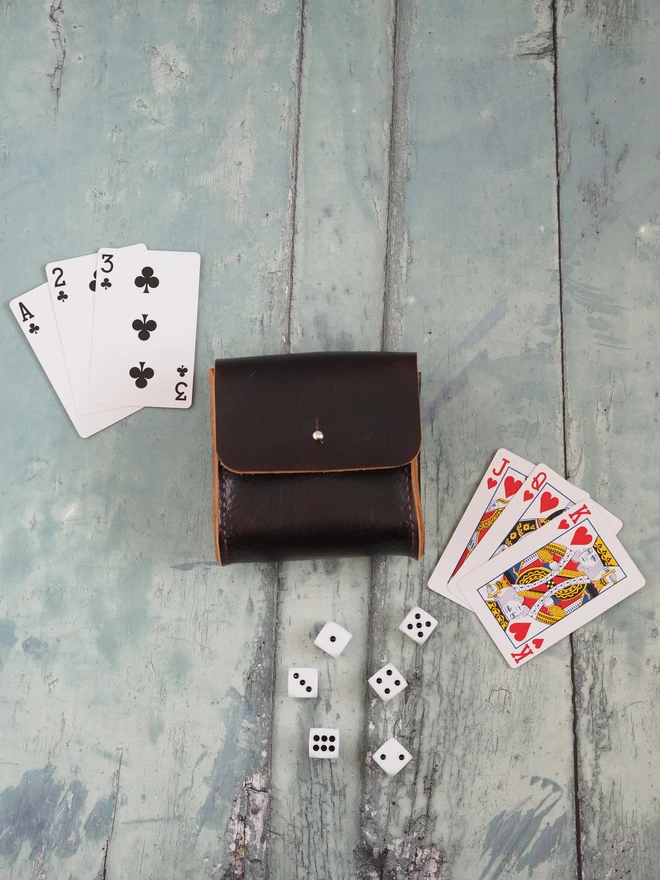 Personalised Leather Playing Card and Dice Holder. Hand dyed dark brown leather case, carrying two decks of playing cards and 6 dice.
