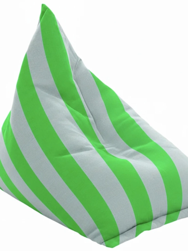 Hand Painted & Repurposed Linen Bean Bag Striped Chair, a colourful neon green striped bean bag chair against a white background.
