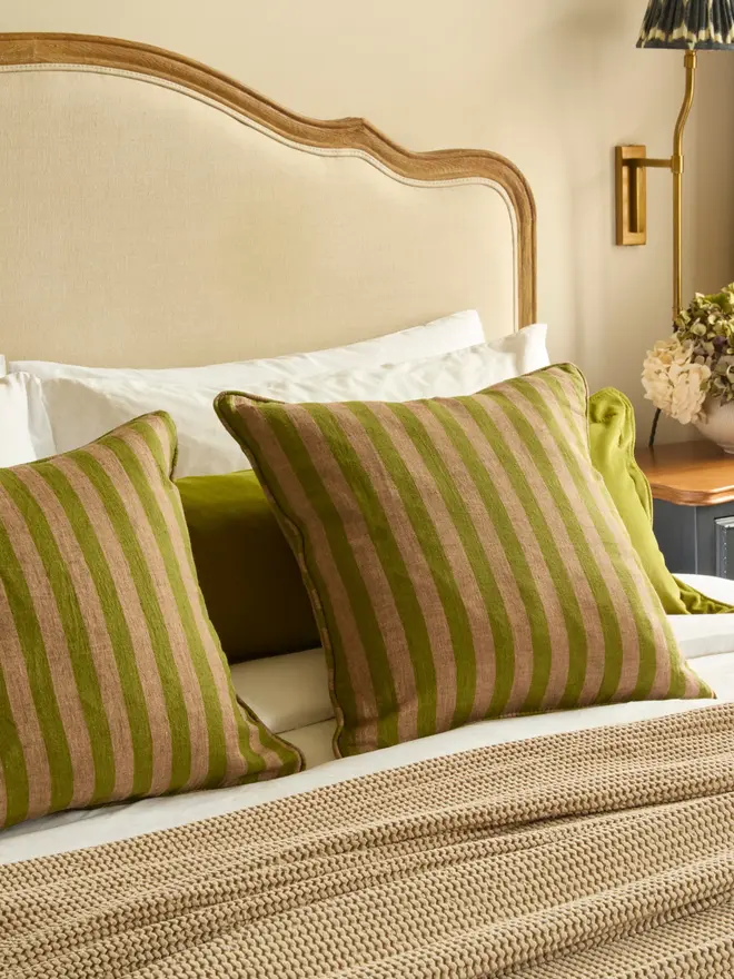 Handmade green and pink stripe pure linen piped cushion 45cm with feather pad, Kika Bespoke