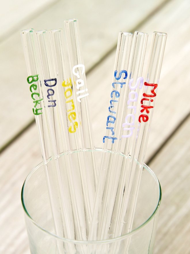 personalised glass straws in multiple colours