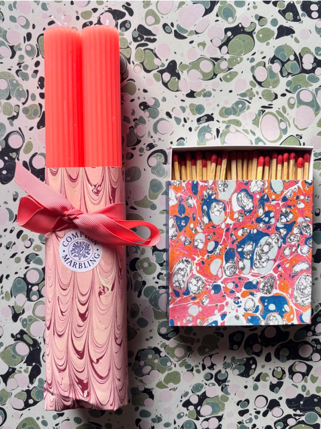Scalloped Candles & Square Matchbox. Candles and matchbox in Coral.