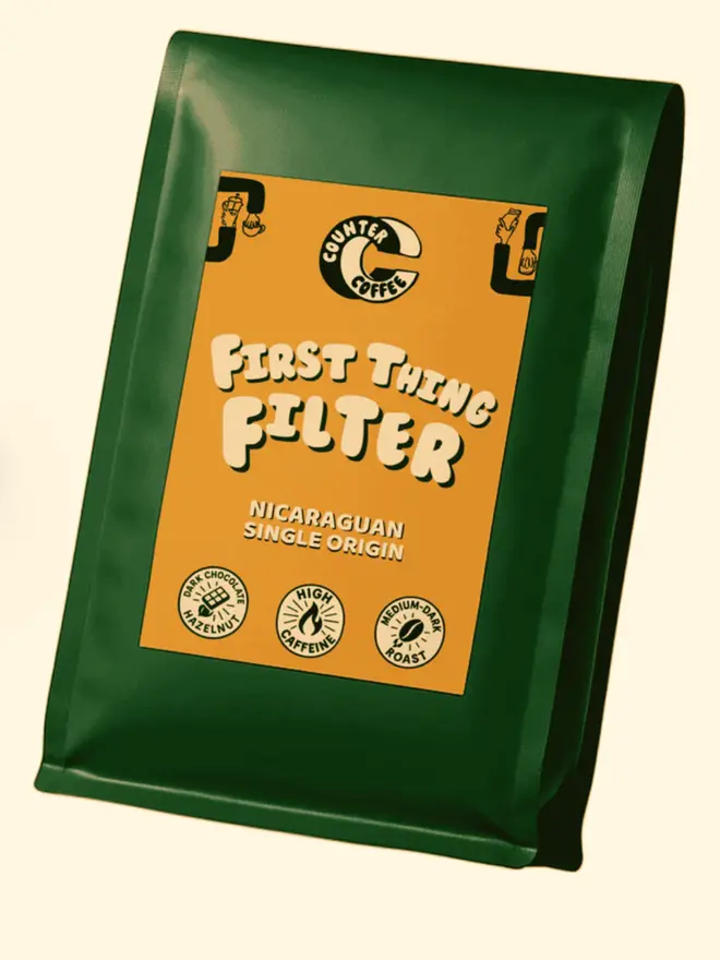 First Thing Filter. A bag of coffee from Counter Coffee.