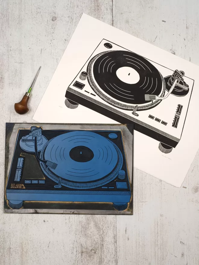 Picture of a Record Deck, taken from an original Lino Print 