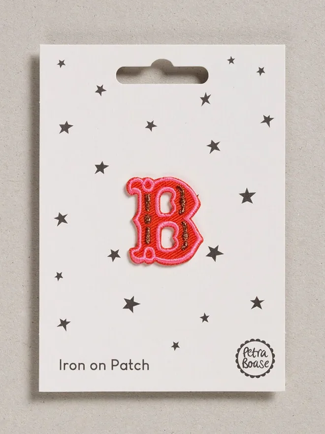 Alphabet letter B embroidered iron on fabric patch.