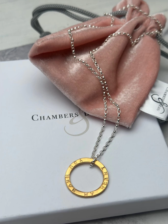 personalised gold plate circle charm on sterling silver chain