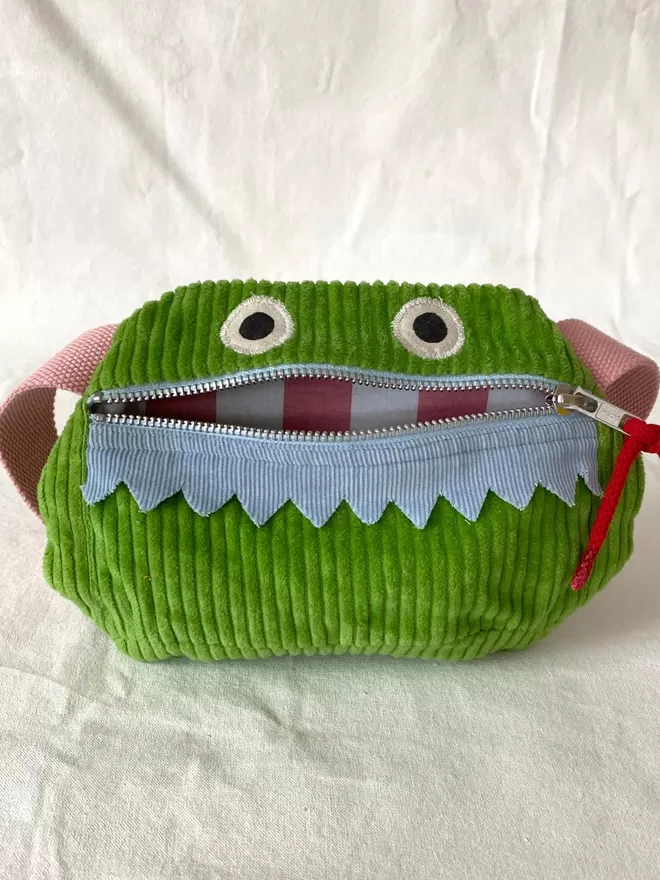 childrens pouch bum bag monster design in green corduroy