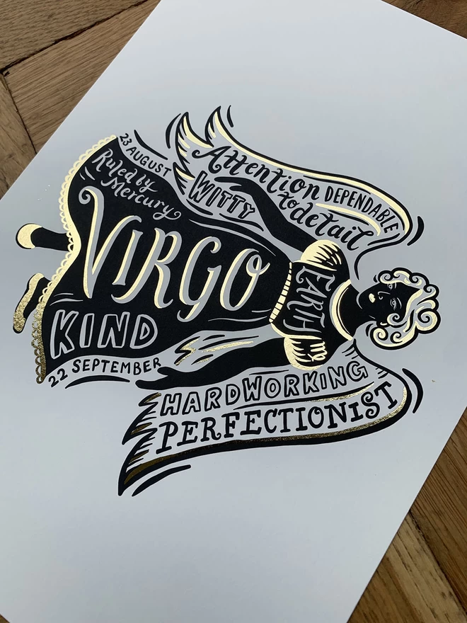 Virgo Monochrome gold foil Star sign zodiac artwork
