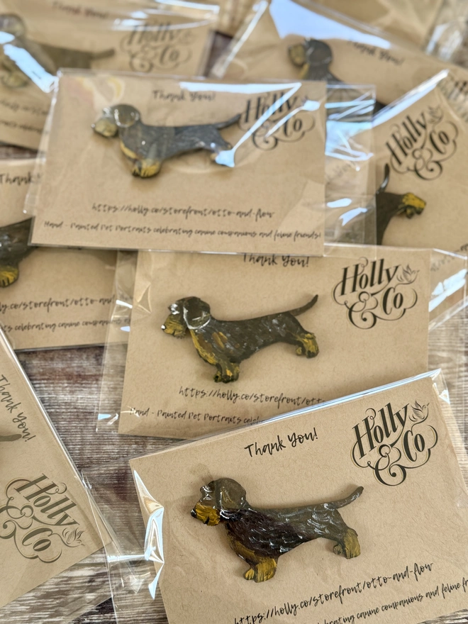 Wire Haired Dachshund wooden hand -painted pin on a postcard background