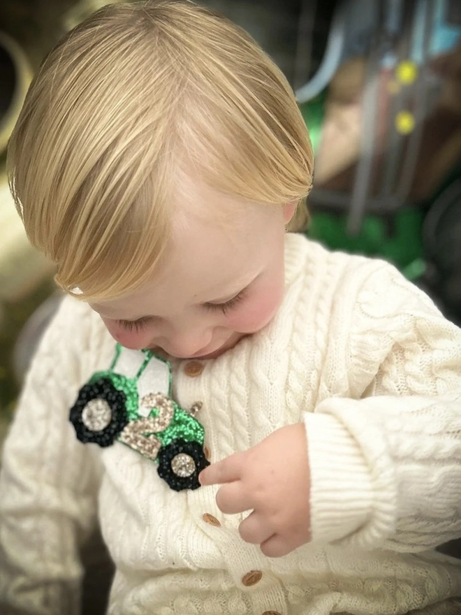 Personalised Glitter Tractor Birthday Badge.