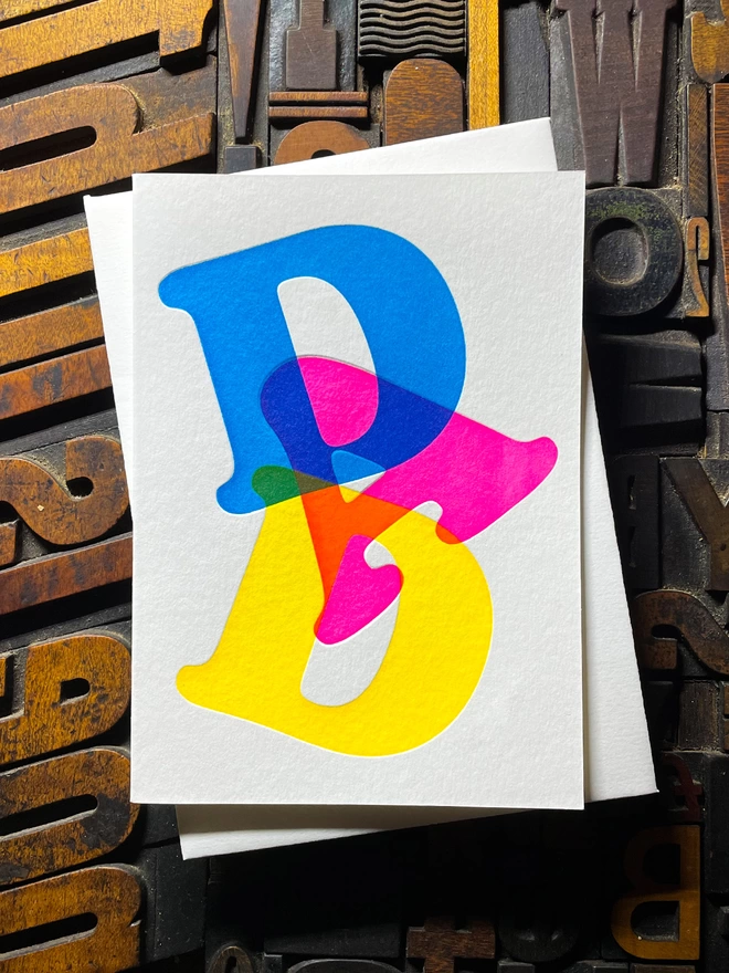 Fathers day typographic letterpress card with fluorescent ink. Deep impression print. Unique with no print being the same. Vibrant colours with matching premium envelopes. With luxurious contrasting coloured envelopes.