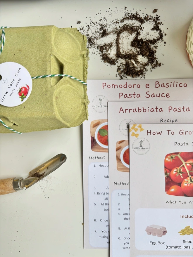 green egg box tied with green string and a grow your own tomatoes tag on a white background with two recipe cards and one instruction card. Soil is next to it and a gardening tool.